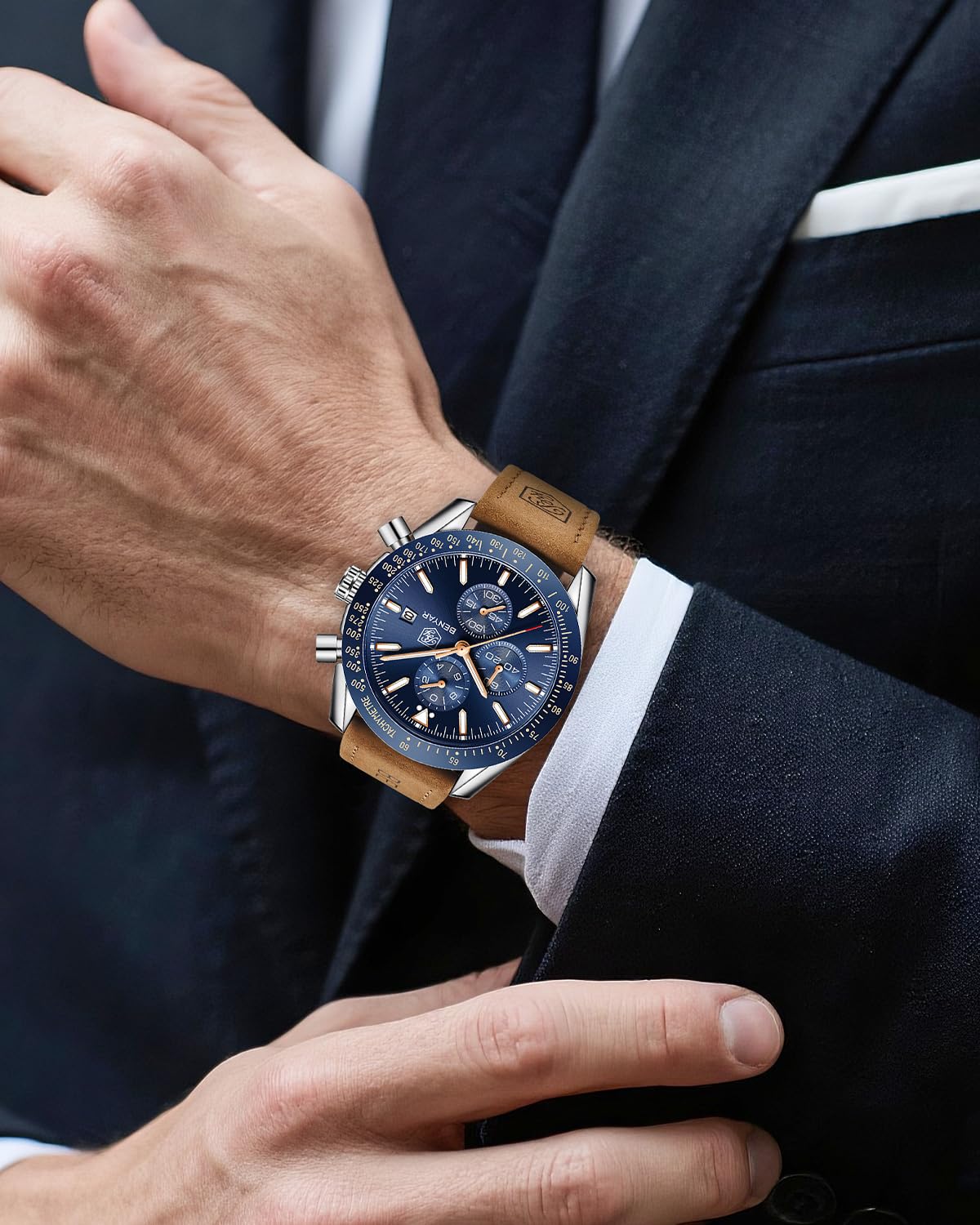 BY BENYAR Mens Watches Analog Quartz Chronograph Waterproof Luminous Watch for Men Business Work Sport Casual Brown Leather Band Dress Men's Wrist Watches Elegant Gifts for Men