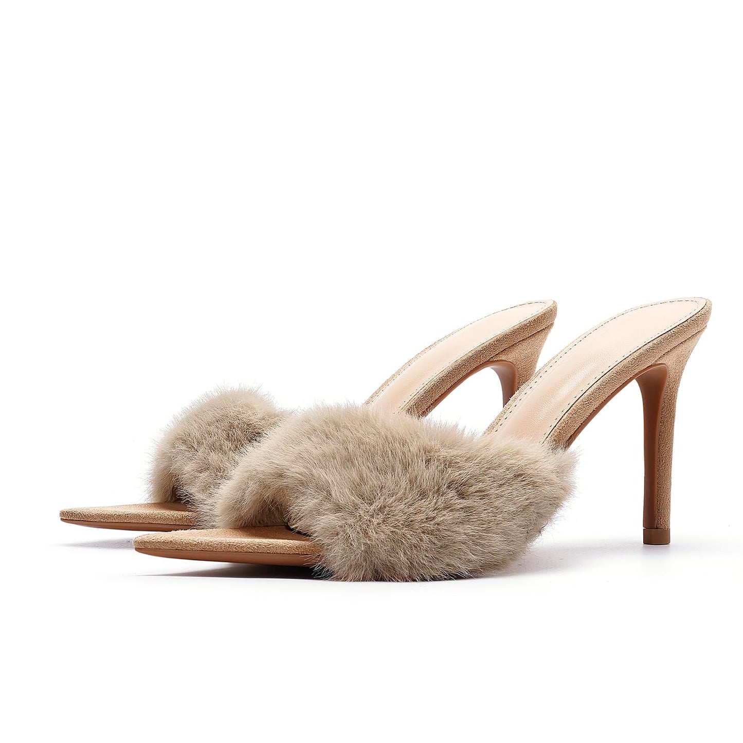 BOEGBNW Women'S Pointed Open-Toe Stiletto Cute Fuzzy Slide Sandals Sexy Slip On High Heel Feather Mules Wedding Birthday Bridal Party Dress Backless Slipper Pumps (Apricot,9)