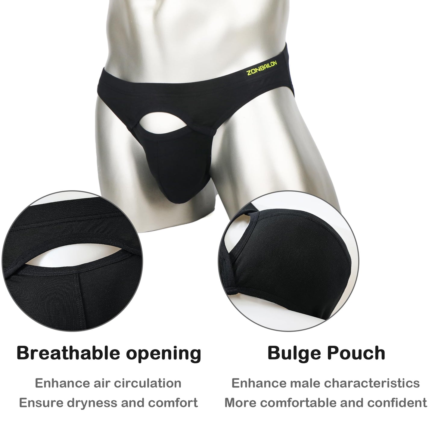 Mens Sexy Briefs Front Open Access Low Rise Bulge Enhancing Pouch Opening Underwear Bikini 1 Pack Black 2XL