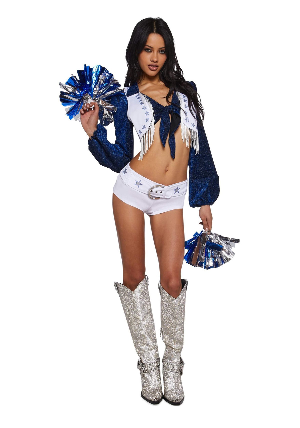 Dolls Kill Lone Star Cheerleader Costume Set by Trickz N' Treatz – Crop Top, Shorts, Vest, Pom-Poms, and Hair Clip – Blue, XX-Small