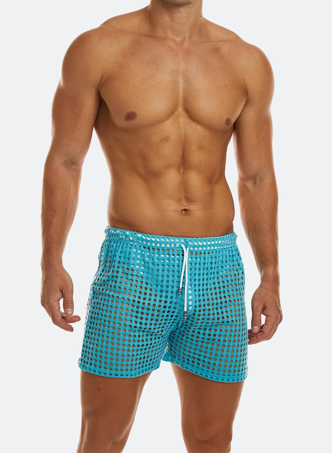 MIZOK Men's Hollow Openwork Short Sexy Fishnet See Through Boxer Shorts Lounge Swim Cover Blue L