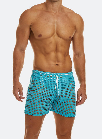 MIZOK Men's Hollow Openwork Short Sexy Fishnet See Through Boxer Shorts Lounge Swim Cover Blue L