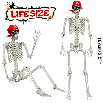5.5 FT Skeleton Halloween Decorations, Posable Full Body Life-Size Skeleton Prop with Movable Joints for Halloween Decorations Haunted House Outdoor Yard Prop