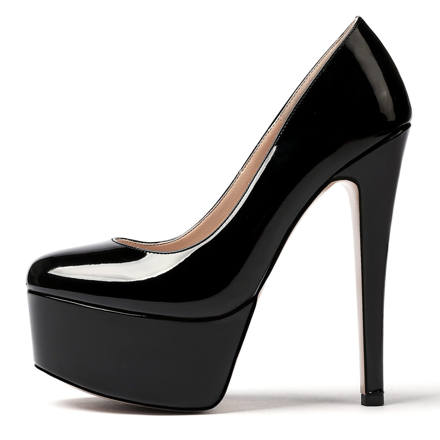 MODENCOCO Women's Black Patent Stiletto Slip On Round Toe 6 Inch High Heel Pumps Night Club Dress Shoes Size 8 - Zapatos de Tacon para Niñas