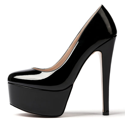 MODENCOCO Women's Black Patent Stiletto Slip On Round Toe 6 Inch High Heel Pumps Night Club Dress Shoes Size 8 - Zapatos de Tacon para Niñas
