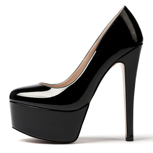 MODENCOCO Women's Black Patent Stiletto Slip On Round Toe 6 Inch High Heel Pumps Night Club Dress Shoes Size 8 - Zapatos de Tacon para Niñas