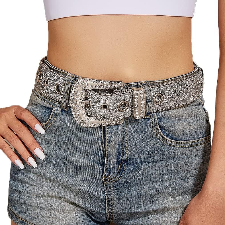 NociHah Silver Rhinestone-Belt Western-Cowgirl-Cowboy-Belts Vintage Bling Crystal Diamond Studded-Leather-Belt for Jean Pants (Silver)