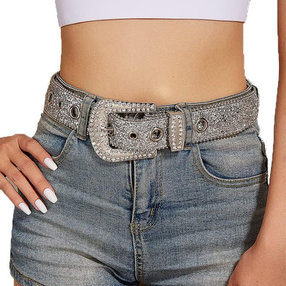 NociHah Silver Rhinestone-Belt Western-Cowgirl-Cowboy-Belts Vintage Bling Crystal Diamond Studded-Leather-Belt for Jean Pants (Silver)