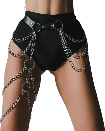 Women's Adjustable Leather Belt with Leg Chain, Faux Leather Waist Harness with Alloy Rings, Punk Gothic Festival Outfit Accessory(Waist 25.6-35.4in)