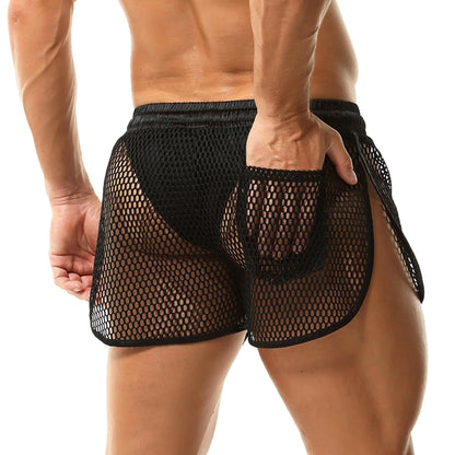 QiaTi Men's Mesh Shorts See Through Underwear Breathable Fishnet Rave Shorts for Men Black