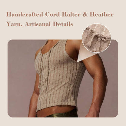 BSZN Men's Sexy Tank Top, Khaki Distressed Mesh Sailor Style Hand Braided Neckline Slim Fit Low Cut Sheer Wasteland Shirt from L-Siren's Elegy Collection
