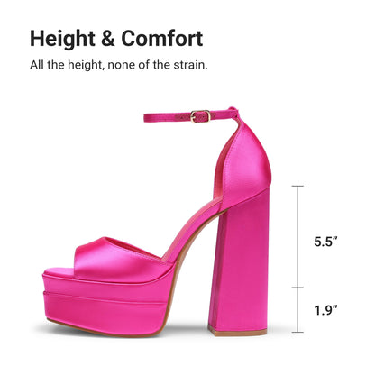 Sissy Platform Chunky Heel Sandals,Hot Pink-Satiin - Feminization- Crossdressing