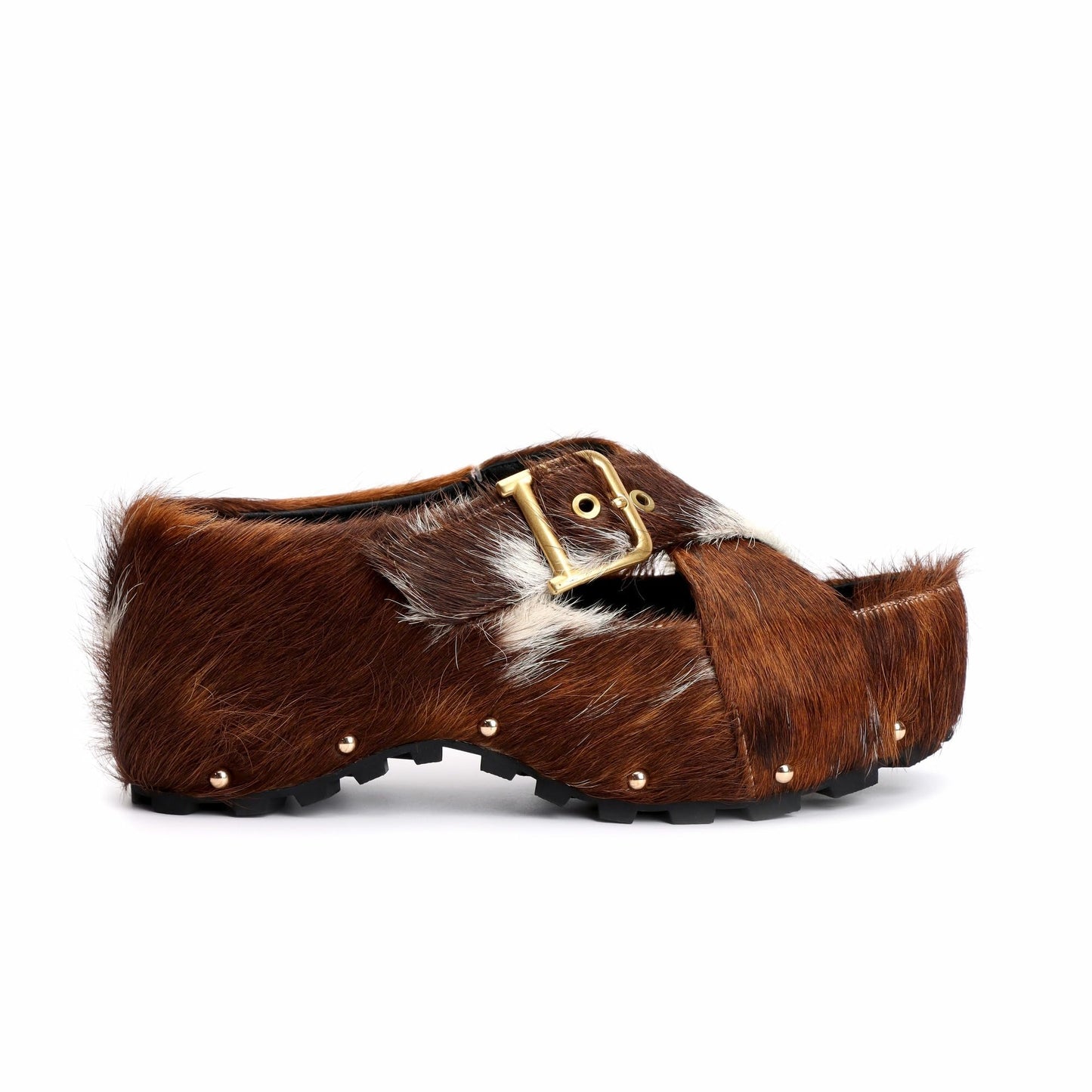XOBZJH Women's Chunky Cowhide Platform Clogs – Long Hair Calf Fur & Western Mules Slide with Buckle & Rivets, Arch Support, Memory Foam Insole, All-Day Comfort