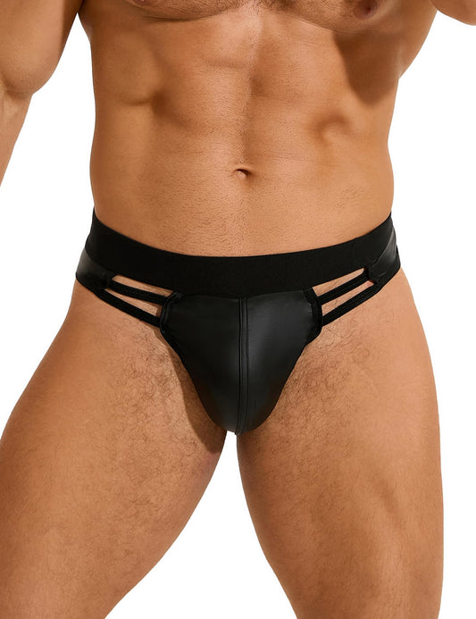 Mens Thong G-String Faux Leather Pouch