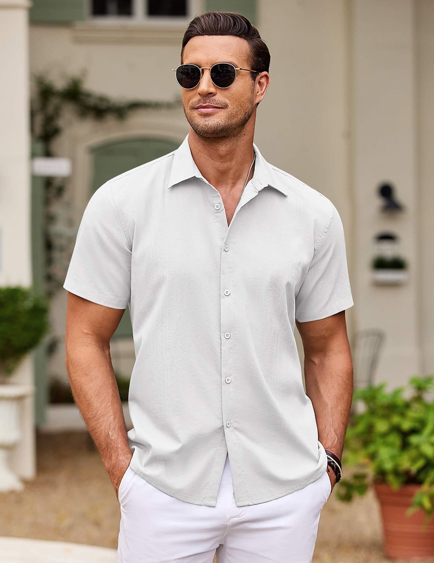 COOFANDY Cuban Button Down Shirts Short Sleeve Button Up Shirt Summer Beach Shirts White