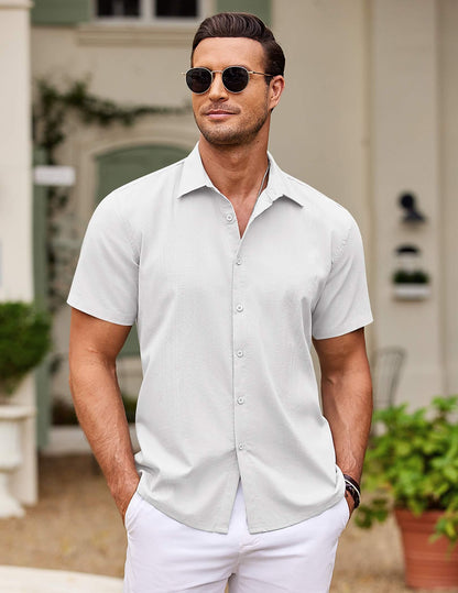 COOFANDY Cuban Button Down Shirts Short Sleeve Button Up Shirt Summer Beach Shirts White