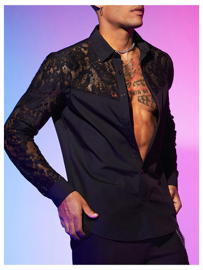 WDIRARA Men's Floral Lace Button Down Shirt See Through Long Sleeve Collared Top Sexy Clubwear Black Large