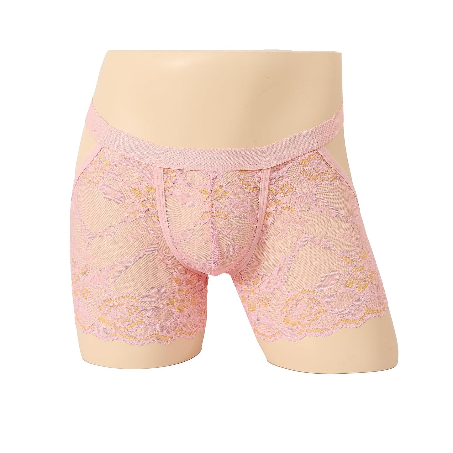 Mens Sexy Boxer Briefs Breathable Lace Underwear (US, Alpha, One Size, Regular, Regular, Pink)