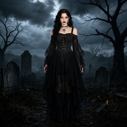 LVOFTJU Witch Costume,Witch Dress Women 2026 Halloween Costumes Woman Adults Medieval Vampire Butterfly Sleeve Mesh Gothic Holiday Cosplay Outfits,Black,S