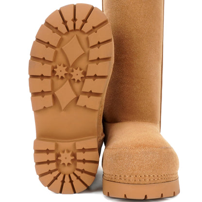 LACIKOSZ Faux Suede Platform Fuzzy Snow Boots Round Toe Hippy Winter Boots Slip On Knee High Chunky Heel Fur Tall Boots for Women