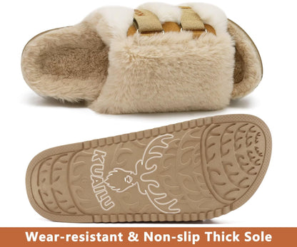 KuaiLu Womens Fuzzy Platform Open Toe Slipper with Arch Support Fluffy Furry Slides Orthotic Faux Rabbit Fur Sandal Indoor Outdoor Beige Size 9