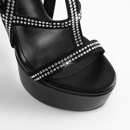 Women's Platform Sandals Open Toe Stiletto Rhinestone Crystal Cutout T-Strap High Heels Summer Sandals for Evening Party Black Size 6