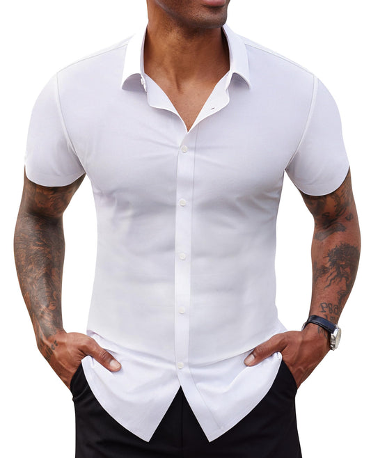 Lion Nardo Stretch Dress Shirts for Men Short Sleeve Slim Fit Casual Button Down Shirts Muscle Fit Men's Dress Shirts