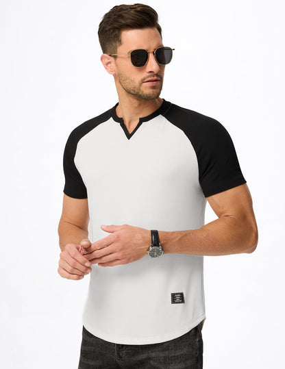 JMIERR Mens V-Neck Muscle Henley Shirt Patchwork Workout Gym Athletic Shirts Summer Fashion Short Sleeve Shirt for Men, M