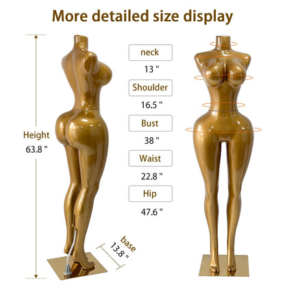 Glossy Gold BBL Full Body Female Mannequin Dress Form, Gold Armless Dress Form for Wedding & Lingerie Retail Store