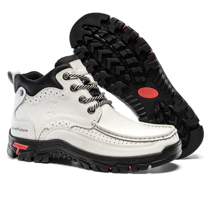 FLYLAND Men's Casual Boots Vintage Leather Ankle Dress Boot Chukka Boots Mid Top Non-Slip Driving Walking Shoes White 10.5