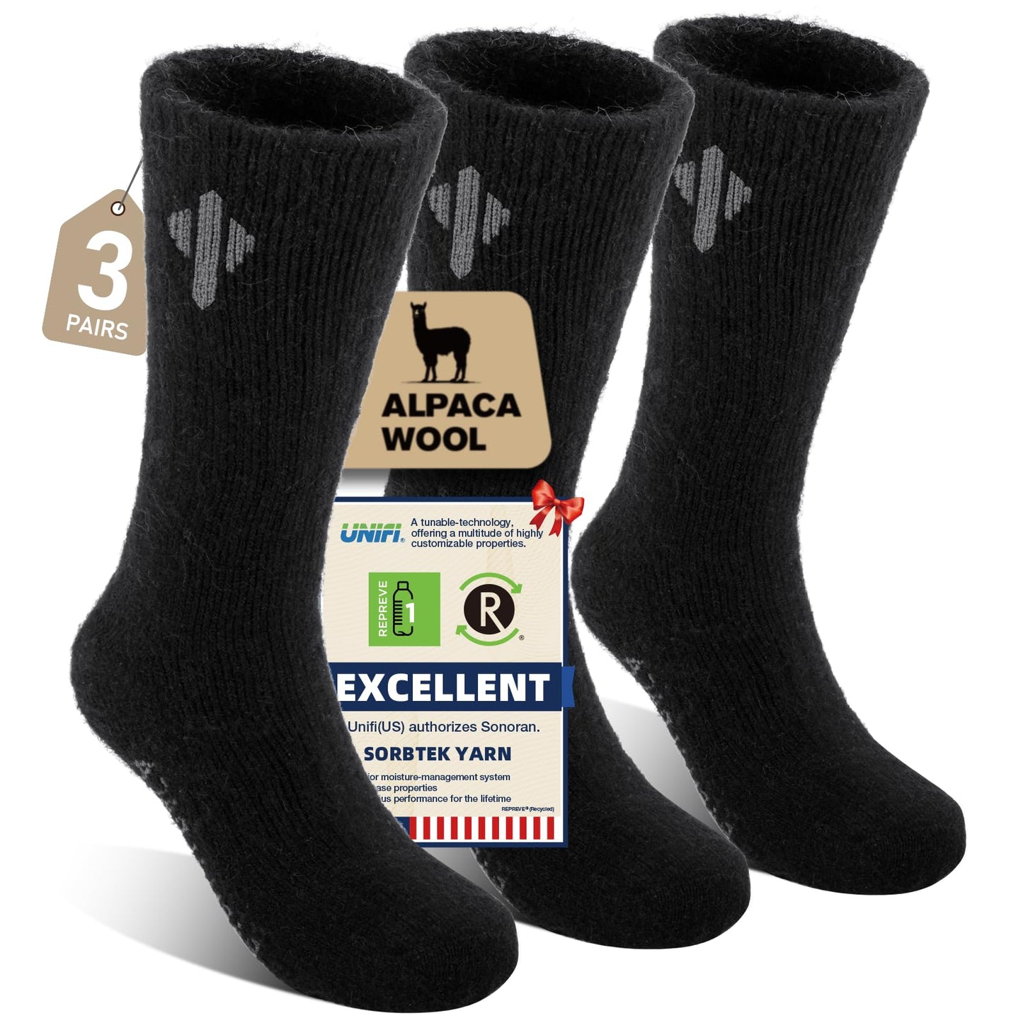 Heat equation Alpaca Socks for Men and Women, Heavyweight Thermal Thick Warm Alpaca Wool Boot Sock for Hunting, Hiking, Moisture Wicking L Black