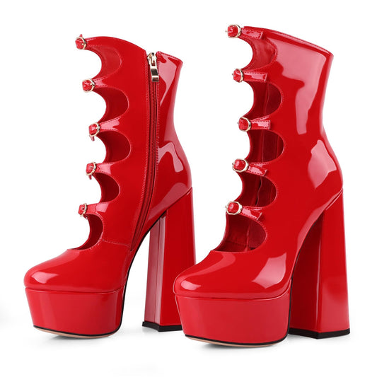 Red Platform Boots for Women, Red Patent Leather Chunky Platform Heels Goth Boots, Strap Buckle Side Zipper Gothic Block Heels