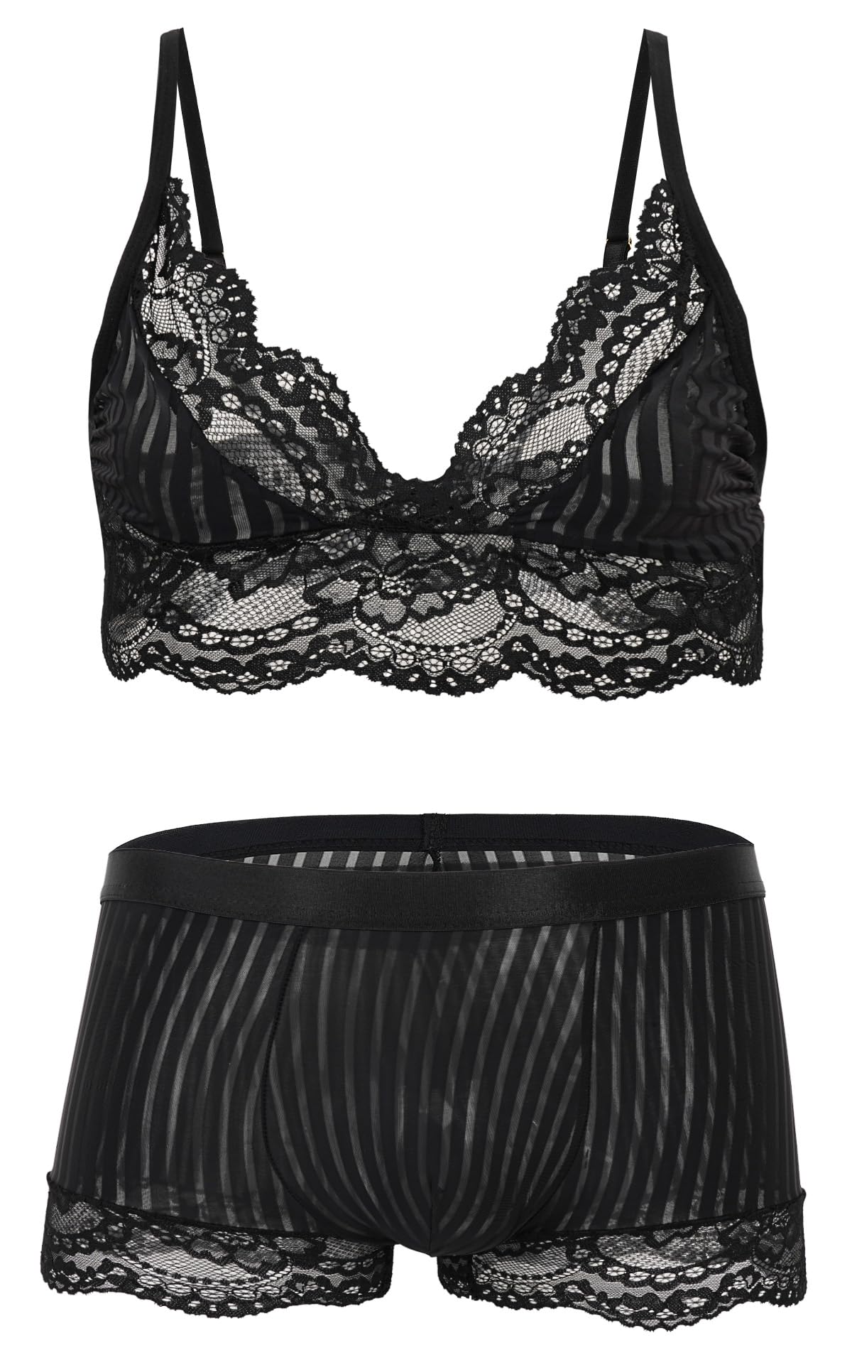 Men's Sissy Bra Floral Lace Panties Outfits Boxers Bikini Briefs Underwear Clubwear Sleepwear Black Set