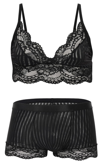 Men's Sissy Bra Floral Lace Panties Outfits Boxers Bikini Briefs Underwear Clubwear Sleepwear Black Set