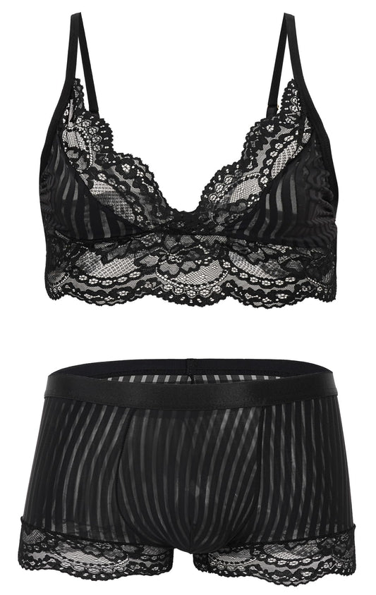 Men's Sissy Bra Floral Lace Panties Outfits Boxers Bikini Briefs Underwear Clubwear Sleepwear Black Set