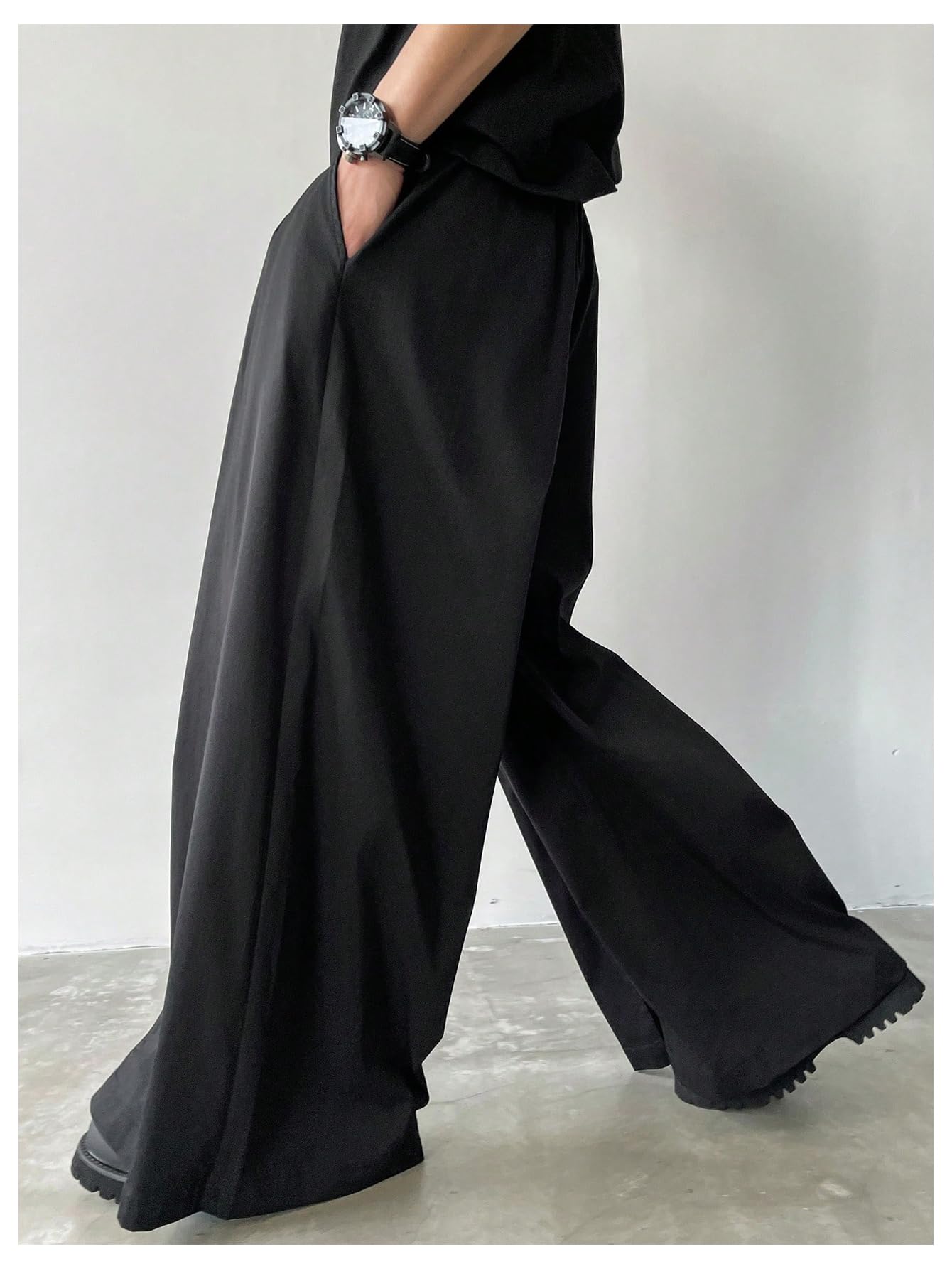 OYOANGLE Men's Baggy Wide Leg Pants Zipper Fly Pleated Trousers Business Casual Dress Pants with Pocket Black X-Large