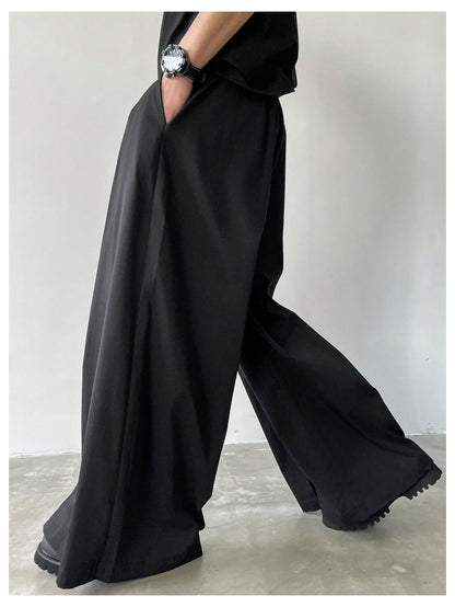 OYOANGLE Men's Baggy Wide Leg Pants Zipper Fly Pleated Trousers Business Casual Dress Pants with Pocket Black X-Large