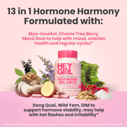 Hey Girl Hormone Balance for Women - DIM, Myo-Inositol & Berberine Supplement for Menopause, Perimenopause, PMS & PCOS Support - Mood, Energy & Cycle Support with Maca & Black Cohosh, 90 Capsules