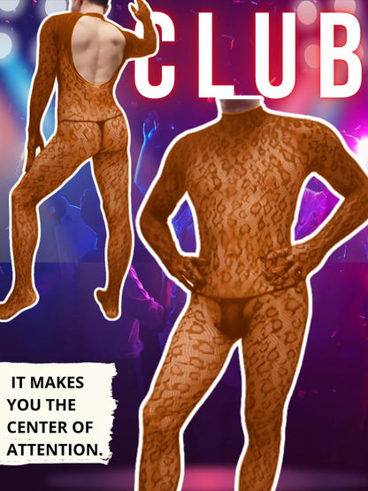 Rave Outfits For Men, Festival Party Clubwear, Leopard One Piece Full Lace Jumpsuit, Sexy Lingerie Costume Bodysuit One Size Brown