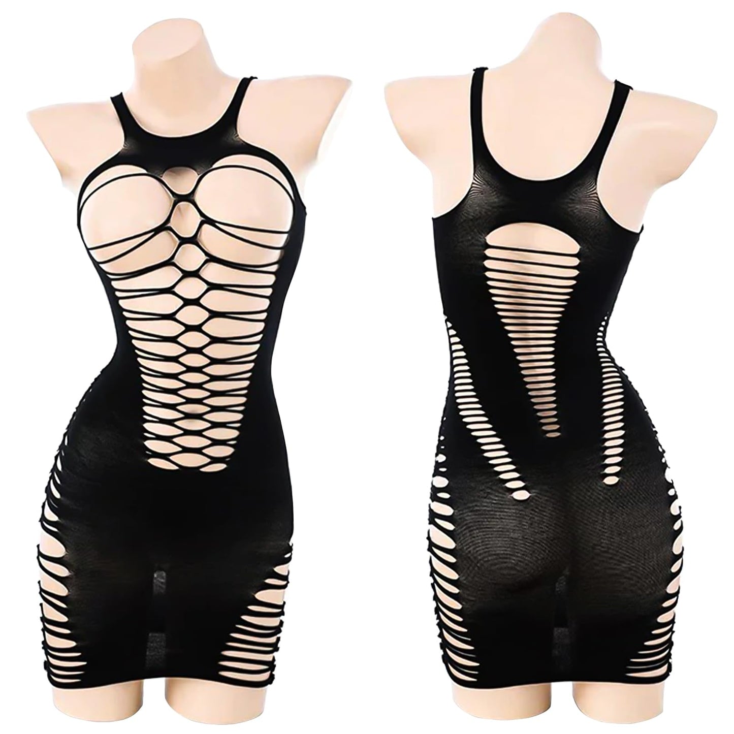 Women's See Through Fishnet Bodysuit Lingerie Mesh Chemise Dress for Under 150lb - Black Sexy Teddy Nightwear