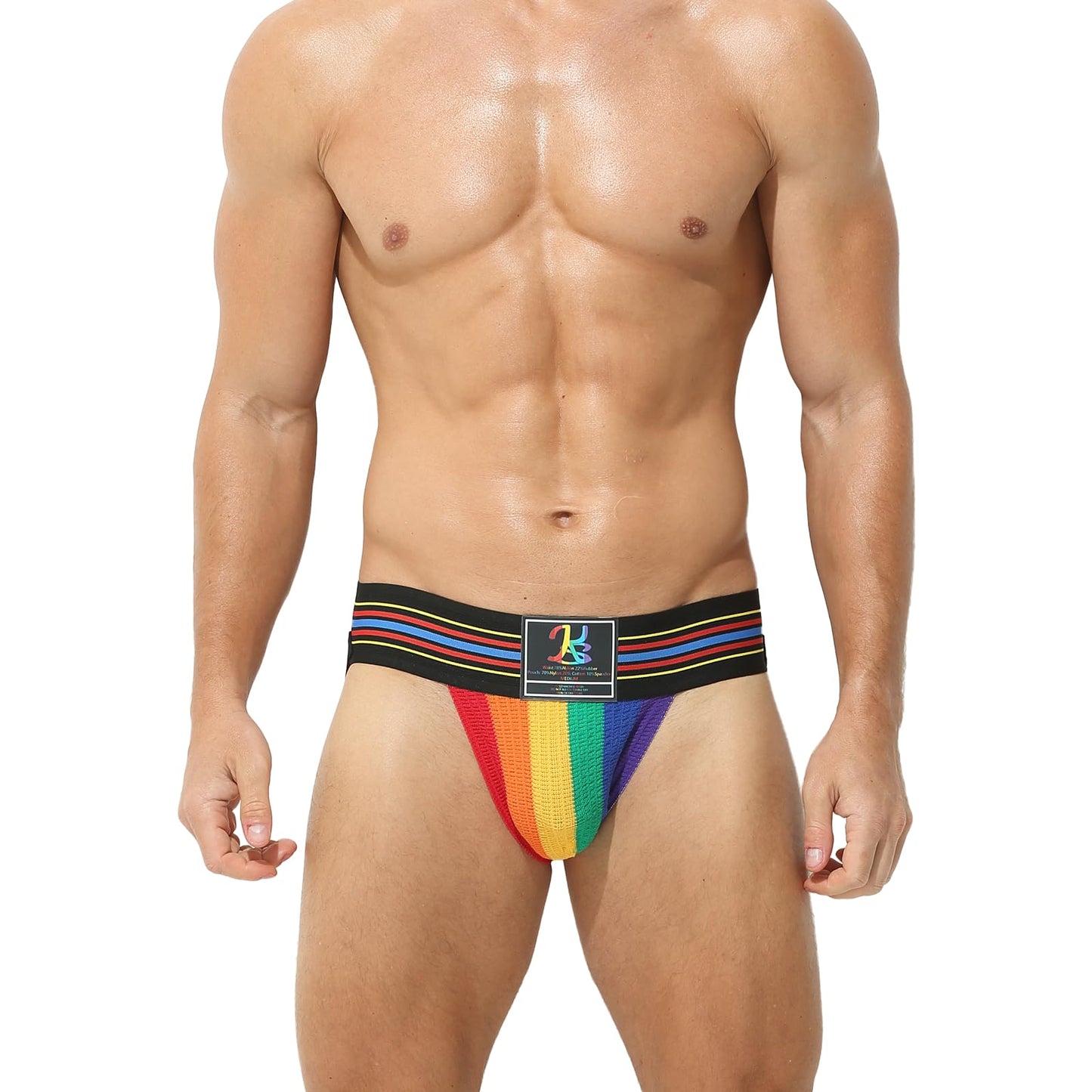 RunHero Cotton Mens Sexy Thong, Athletic Supporter Wide Band Breathable G-String Briefs Underwear for Sports or Bikini, Rainbow, L