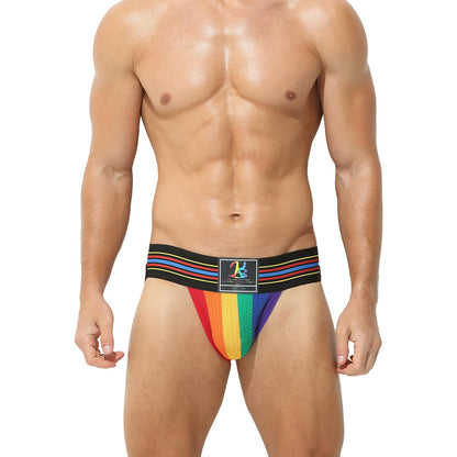 RunHero Cotton Mens Sexy Thong, Athletic Supporter Wide Band Breathable G-String Briefs Underwear for Sports or Bikini, Rainbow, L