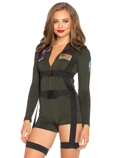Leg Avenue Womens Licensed Top Gun Spandex Romper Costume, SMALL, Khaki