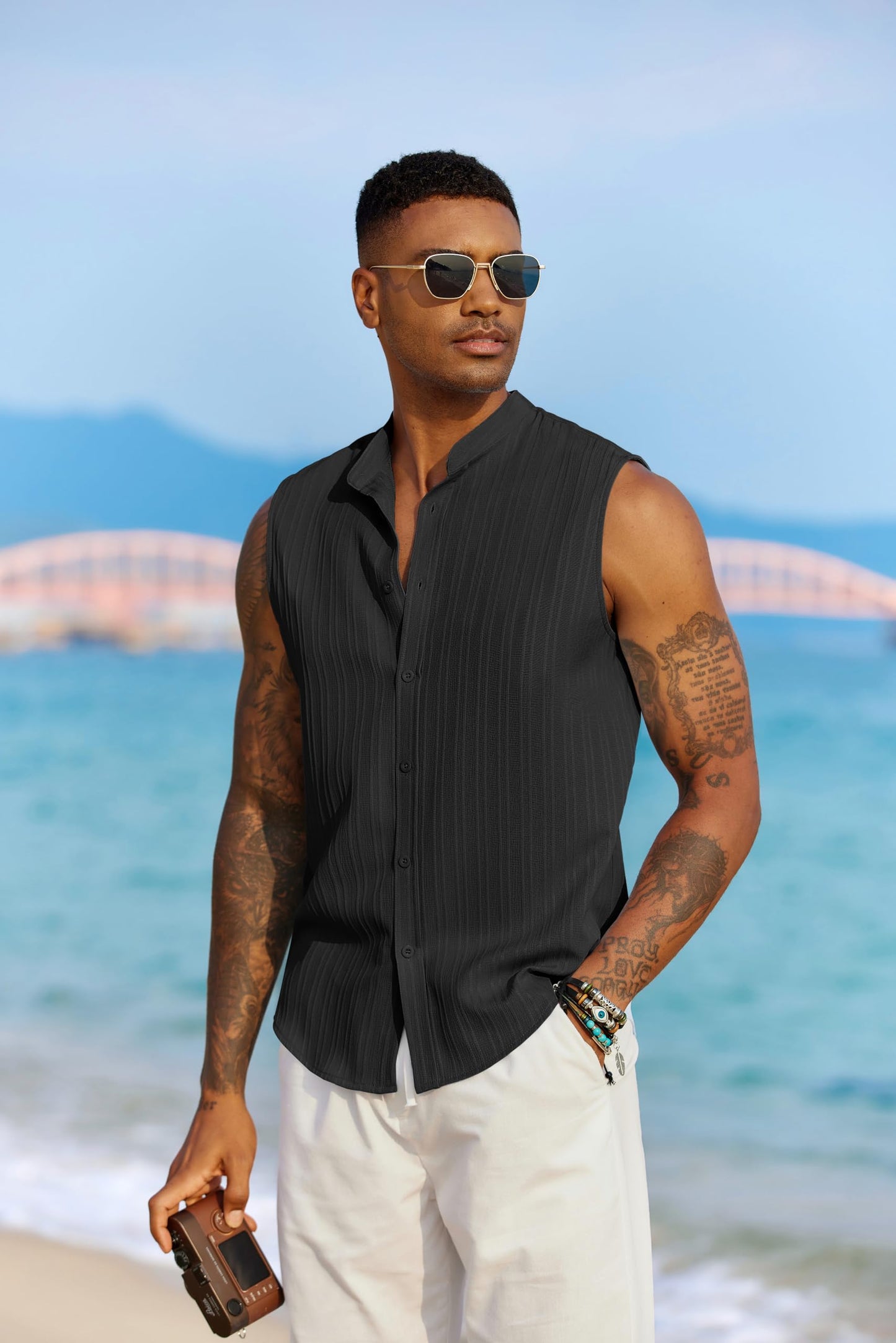 COOFANDY Mens Sleeveless Summer Shirts Beach Tank Tops Button Up Textured Tank Shirt for Vacation,Black,L
