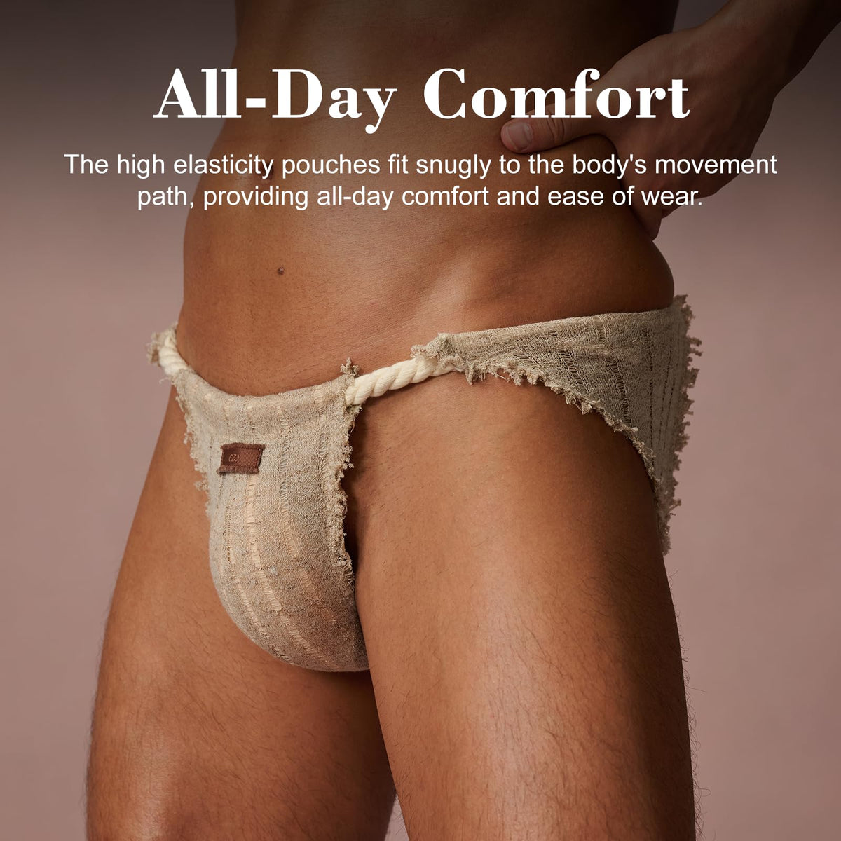 BSZN Men's Sexy Jockstrap, Sand Wasteland Style Frayed Fringe Twisted Cotton Rope Waistband Sheer Distressed Mesh Mid Rise Sexy Lingerie from A-Rough Artisan Collection