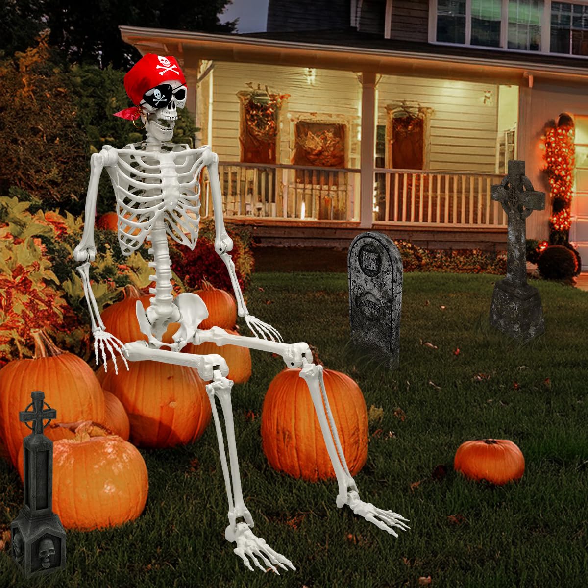 5.5 FT Skeleton Halloween Decorations, Posable Full Body Life-Size Skeleton Prop with Movable Joints for Halloween Decorations Haunted House Outdoor Yard Prop