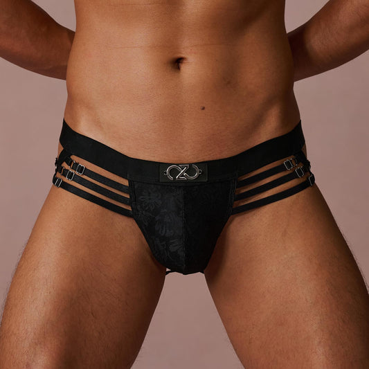 BSZN Men's Adjustable Strap Jockstrap, Black Floral Lace Pouch Underwear, Mid Rise Tight Fit Multi Metal Buckle Briefs from Midnight Visitor Collection