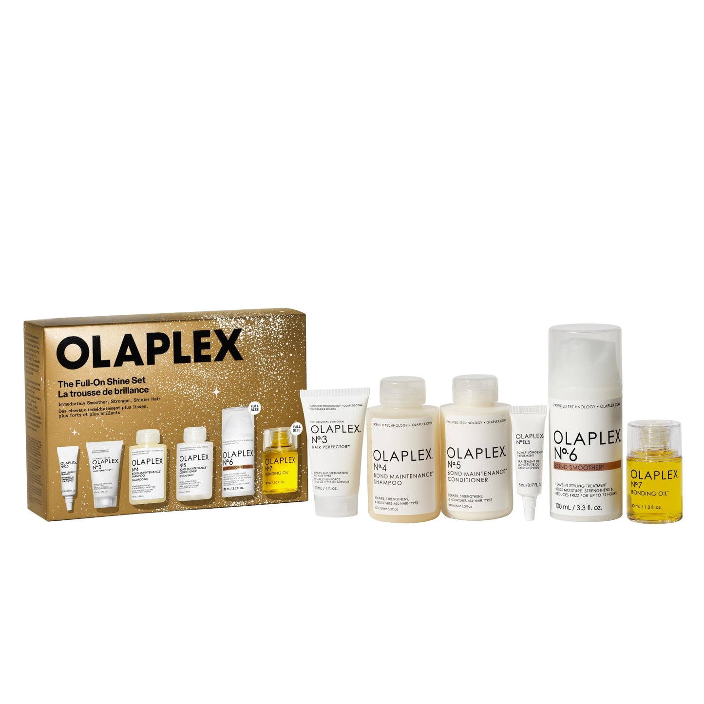 Olaplex Full-On Shine Hair Gift Set: Limited-edition Set with Hair Perfector, Shampoo & Conditioner, Scalp Treatment & Full Sized Bond Smoother & Bonding Oil for Shiny, Smooth, Strong Hair in One Use