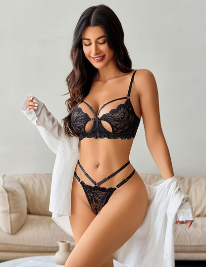 Lingerie for Women Sexy Lace Bra and Panty Strappy Lingerie Set