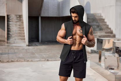 COOFANDY Cutoff Gym Shirt Mens Training Hooded Tank Top for Men Sleeveless Running Shirts with Hoodie Black and Army Green L